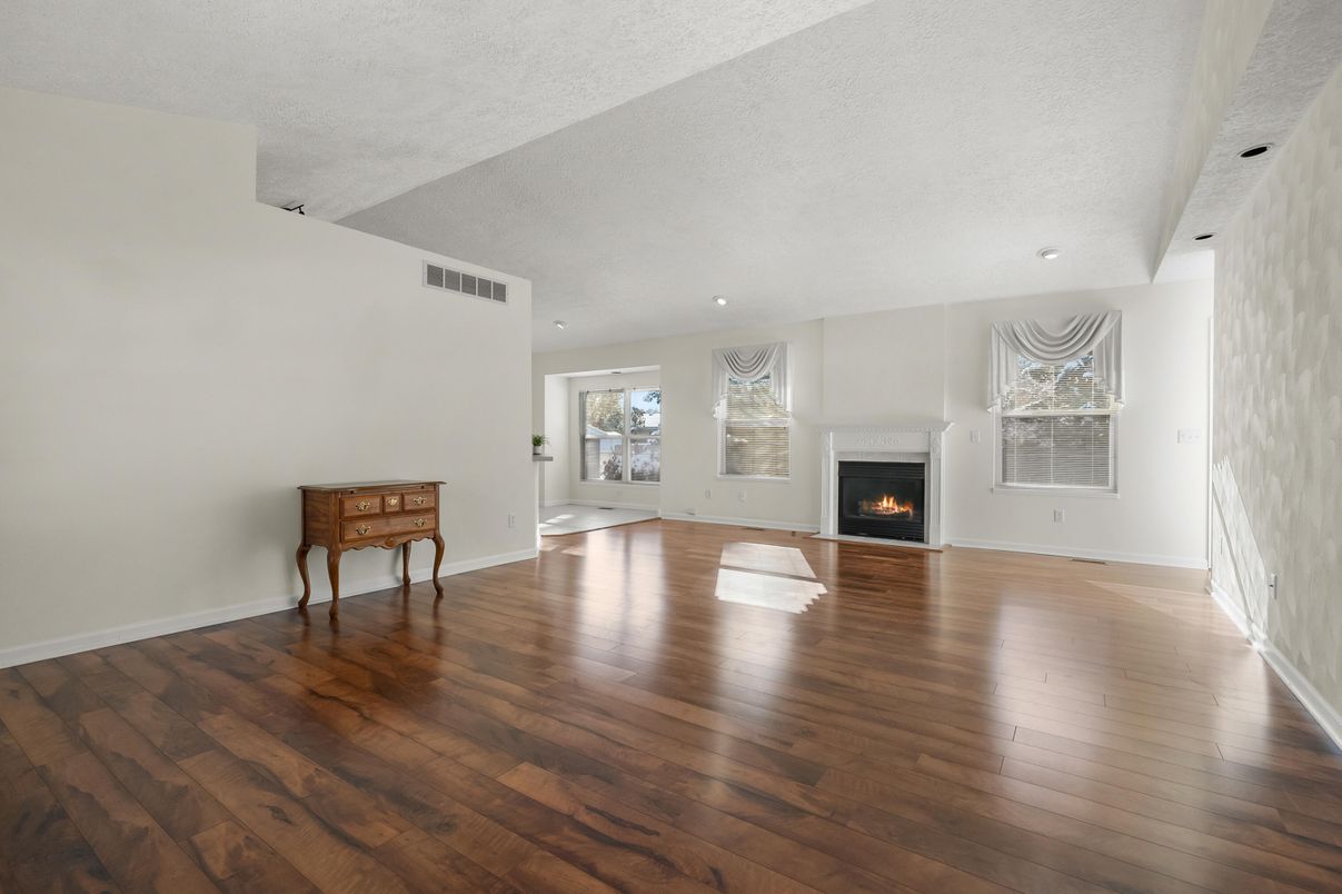 Empty room, Fireplace, Interior, Recessed Lighting, Wood Texture Flooring