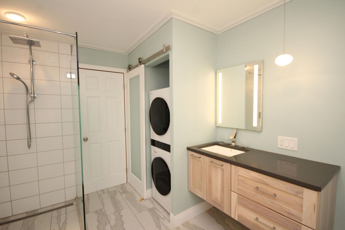 Bathroom, Glass Shower, Interior, Marble, Pendant Lights, Washer