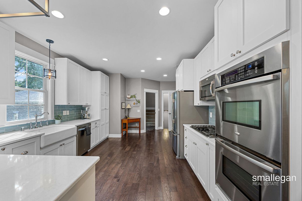 Interior, Kitchen, Pendant Lights, Recessed Lighting, Stainless Steel Appliances, Wood Texture Flooring