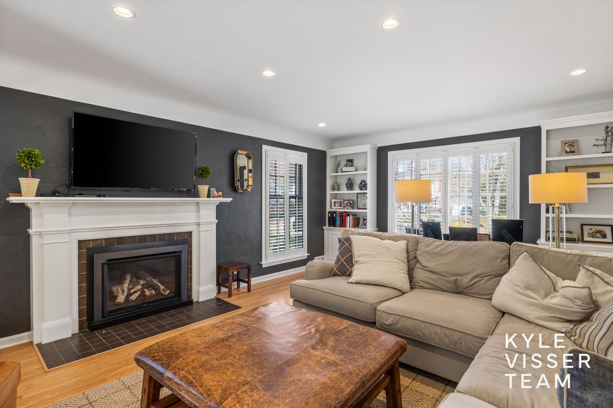 Fireplace, Interior, Living room, Recessed Lighting, Wood Texture Flooring