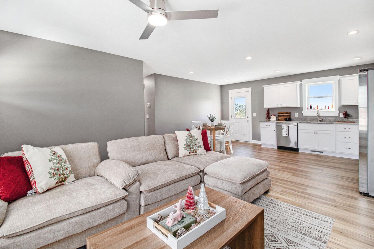 Interior, Kitchen, Living room, Recessed Lighting, Wood Texture Flooring