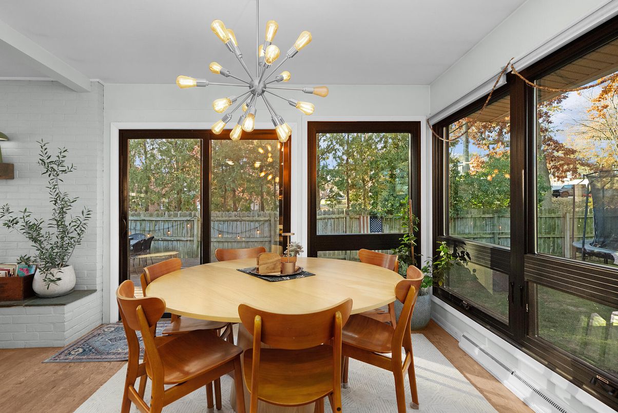 Dining room, Interior, Pendant Lights, Wood Texture Flooring