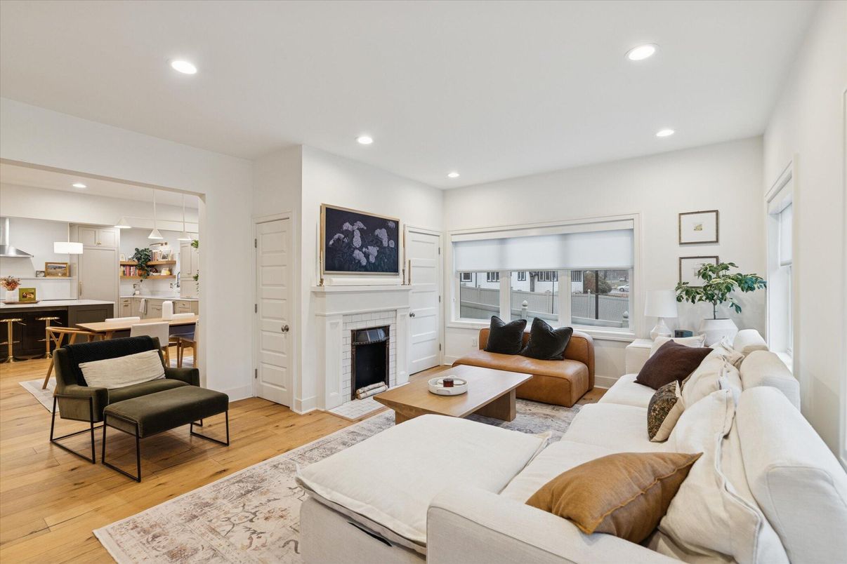 Dining room, Fireplace, Interior, Kitchen, Living room, Pendant Lights, Recessed Lighting, Wood Texture Flooring
