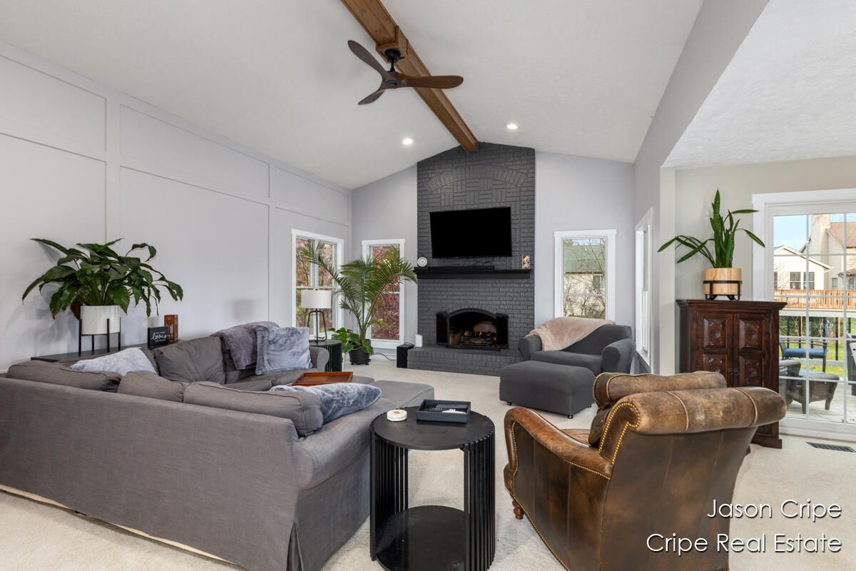 Fireplace, Interior, Living room, Recessed Lighting, Stone Walls