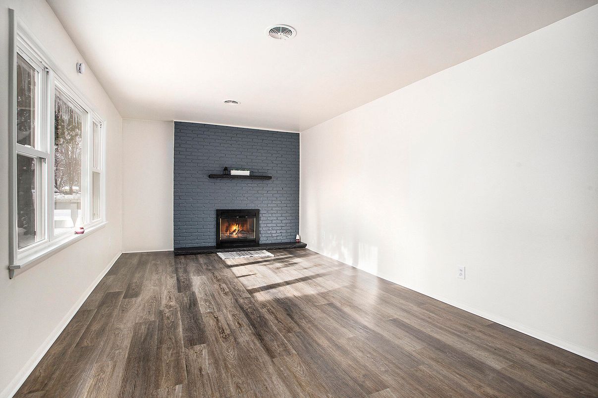 Empty room, Fireplace, Interior, Recessed Lighting, Wood Texture Flooring