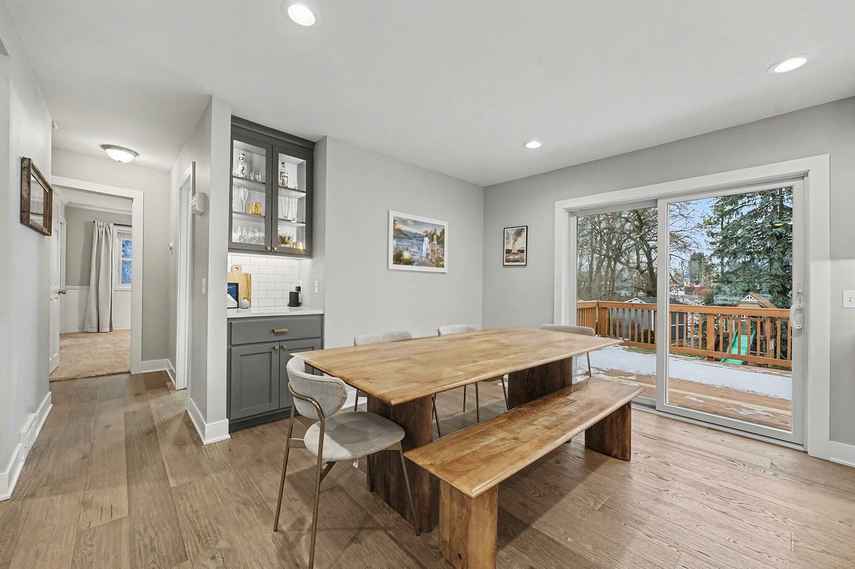 Dining room, Interior, Recessed Lighting, Wood Texture Flooring