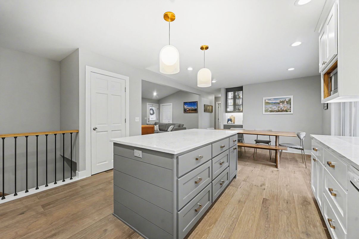 Dining room, Interior, Pendant Lights, Recessed Lighting, Wood Texture Flooring