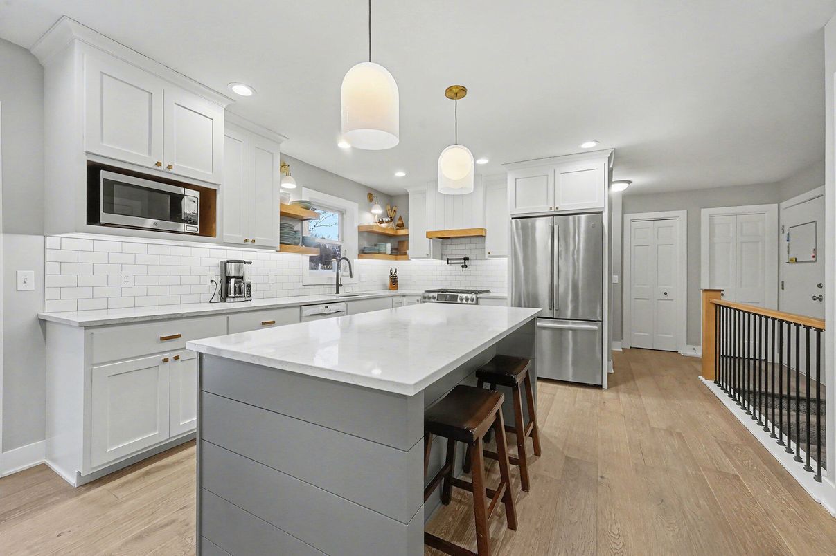 Interior, Kitchen, Pendant Lights, Recessed Lighting, Stainless Steel Appliances, Wood Texture Flooring