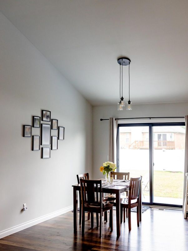 Dining room, Interior, Pendant Lights, Wood Texture Flooring