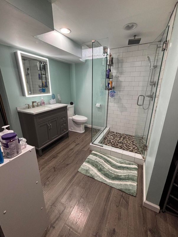 Bathroom, Glass Shower, Interior, Recessed Lighting, Wood Texture Flooring