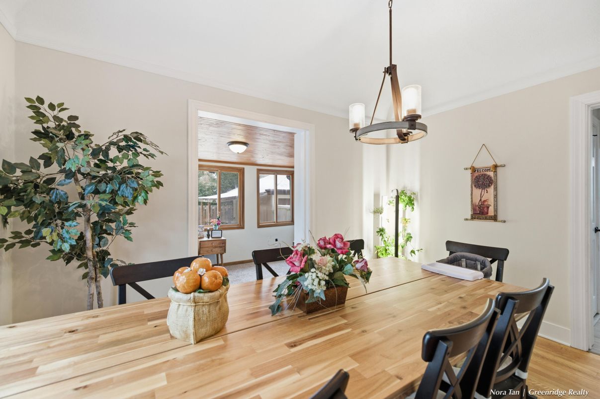 Dining room, Interior, Pendant Lights, Wood Texture Flooring