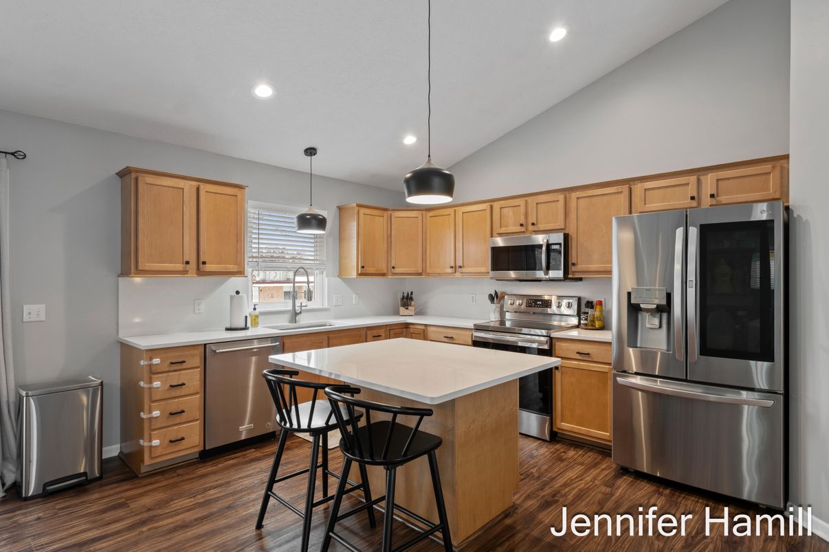 Interior, Kitchen, Pendant Lights, Recessed Lighting, Stainless Steel Appliances, Wood Texture Flooring