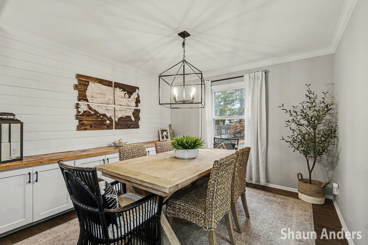 Dining room, Interior, Pendant Lights, Wood Texture Flooring
