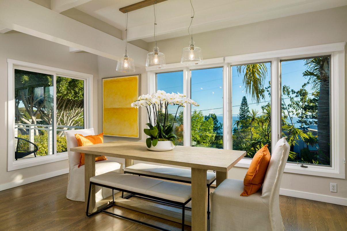 Dining room, Interior, Pendant Lights, Water, Wood Texture Flooring