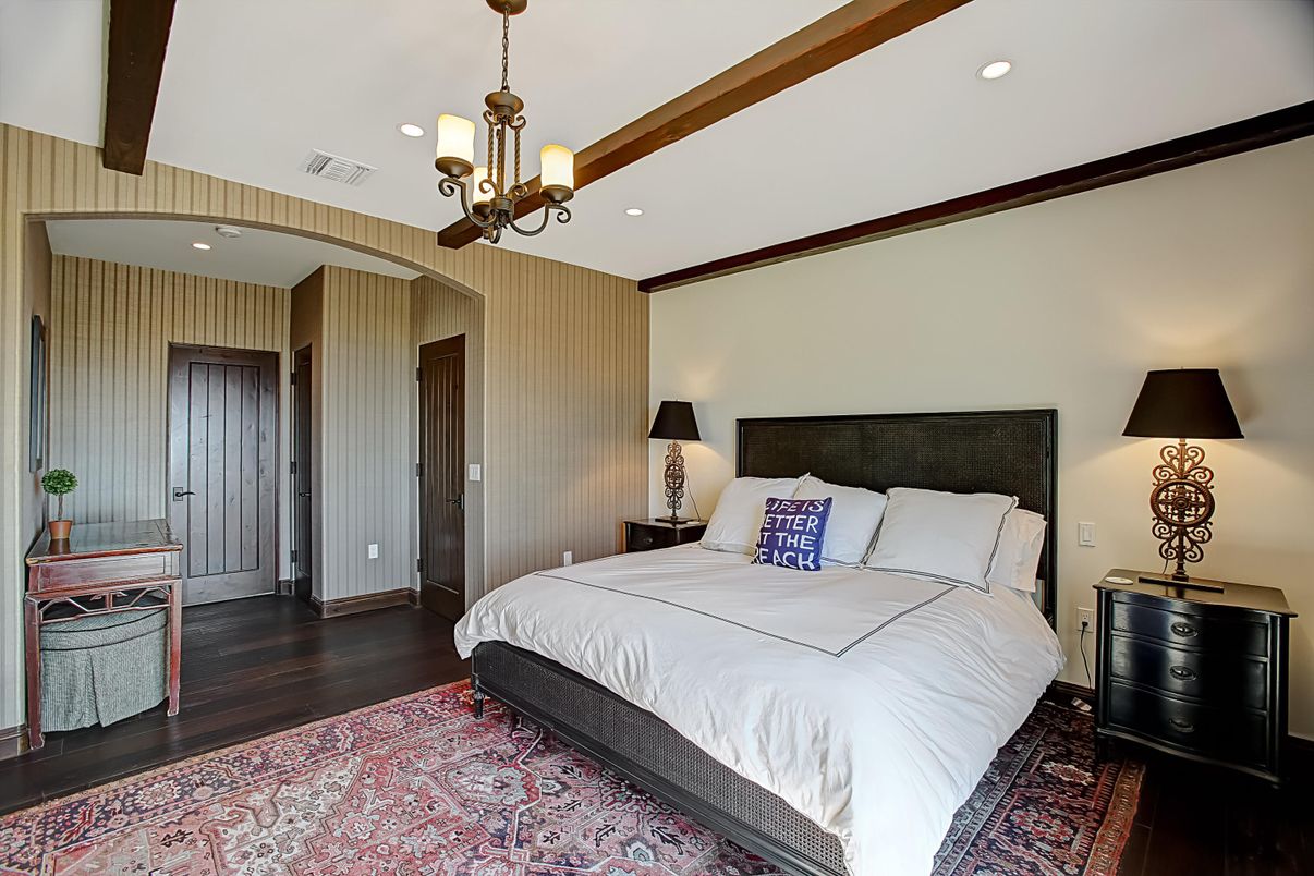 Bedroom, Chandelier, Interior, Recessed Lighting, Wood Texture Flooring
