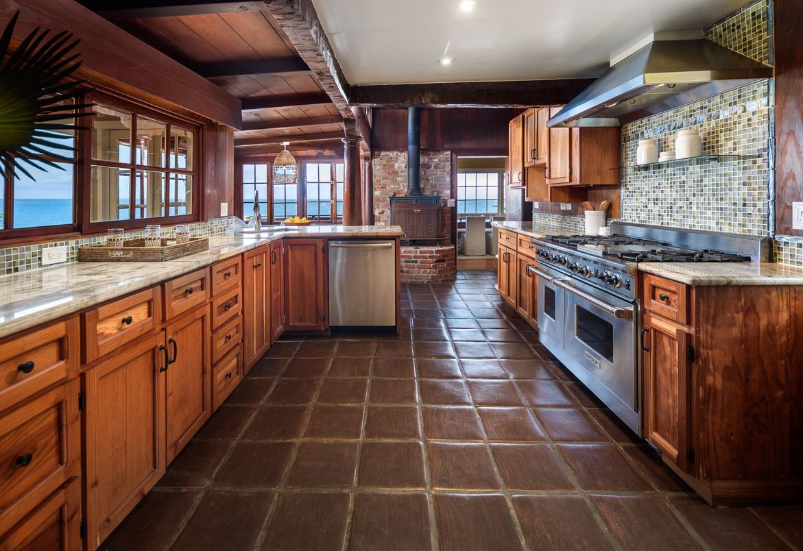 Interior, Kitchen, Pendant Lights, Recessed Lighting, Stainless Steel Appliances, Stone Walls
