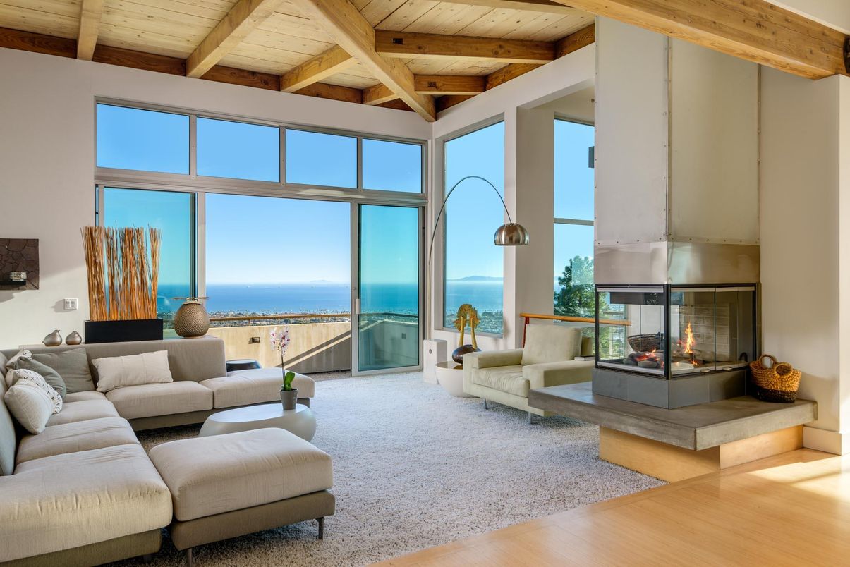 Fireplace, Interior, Living room, Water, Wooden Beams, Wooden Ceilings, Wood Texture Flooring