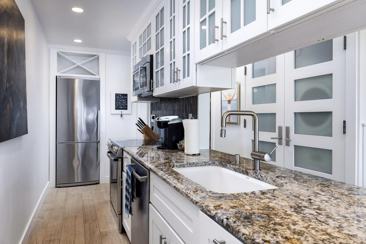 Interior, Kitchen, Recessed Lighting, Stainless Steel Appliances, Wood Texture Flooring