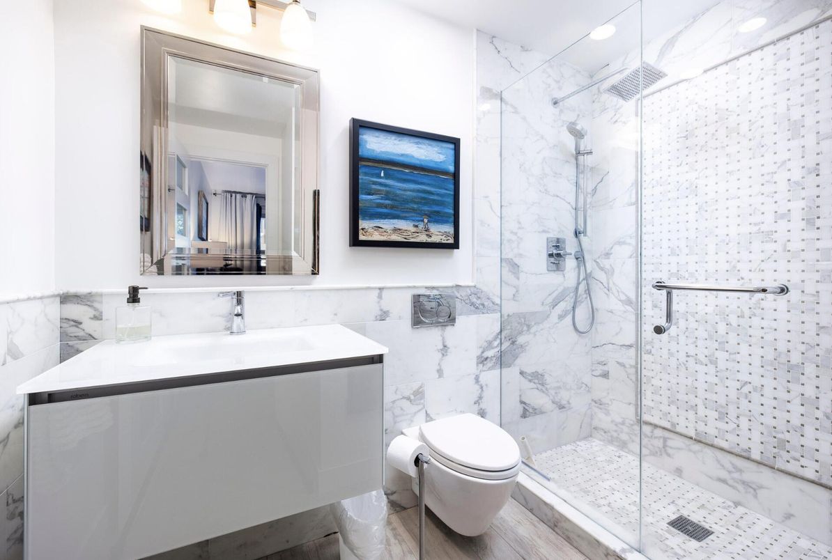 Bathroom, Glass Shower, Interior, Marble Walls, Recessed Lighting