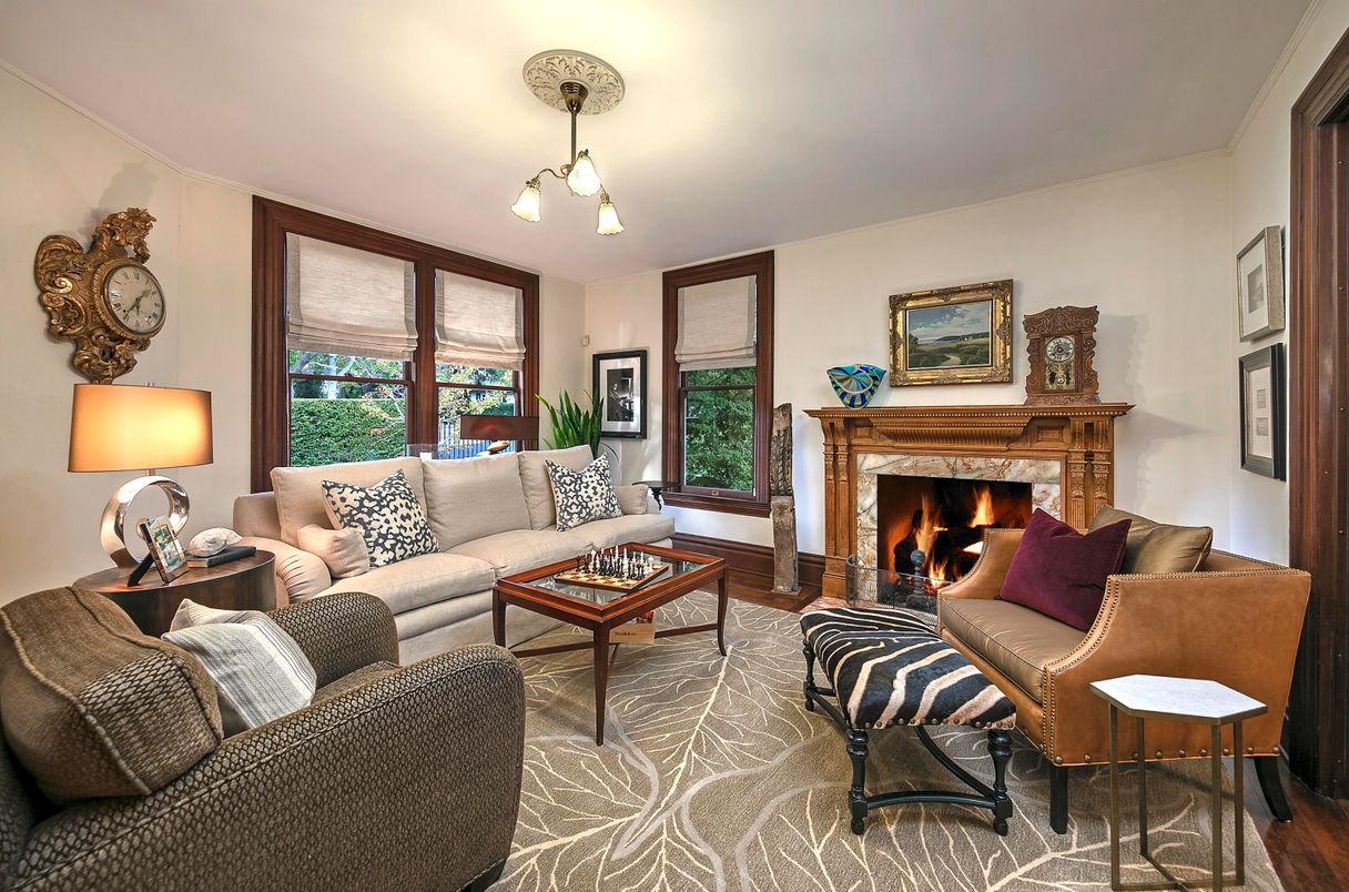 Fireplace, Interior, Living room, Pendant Lights, Wood Texture Flooring