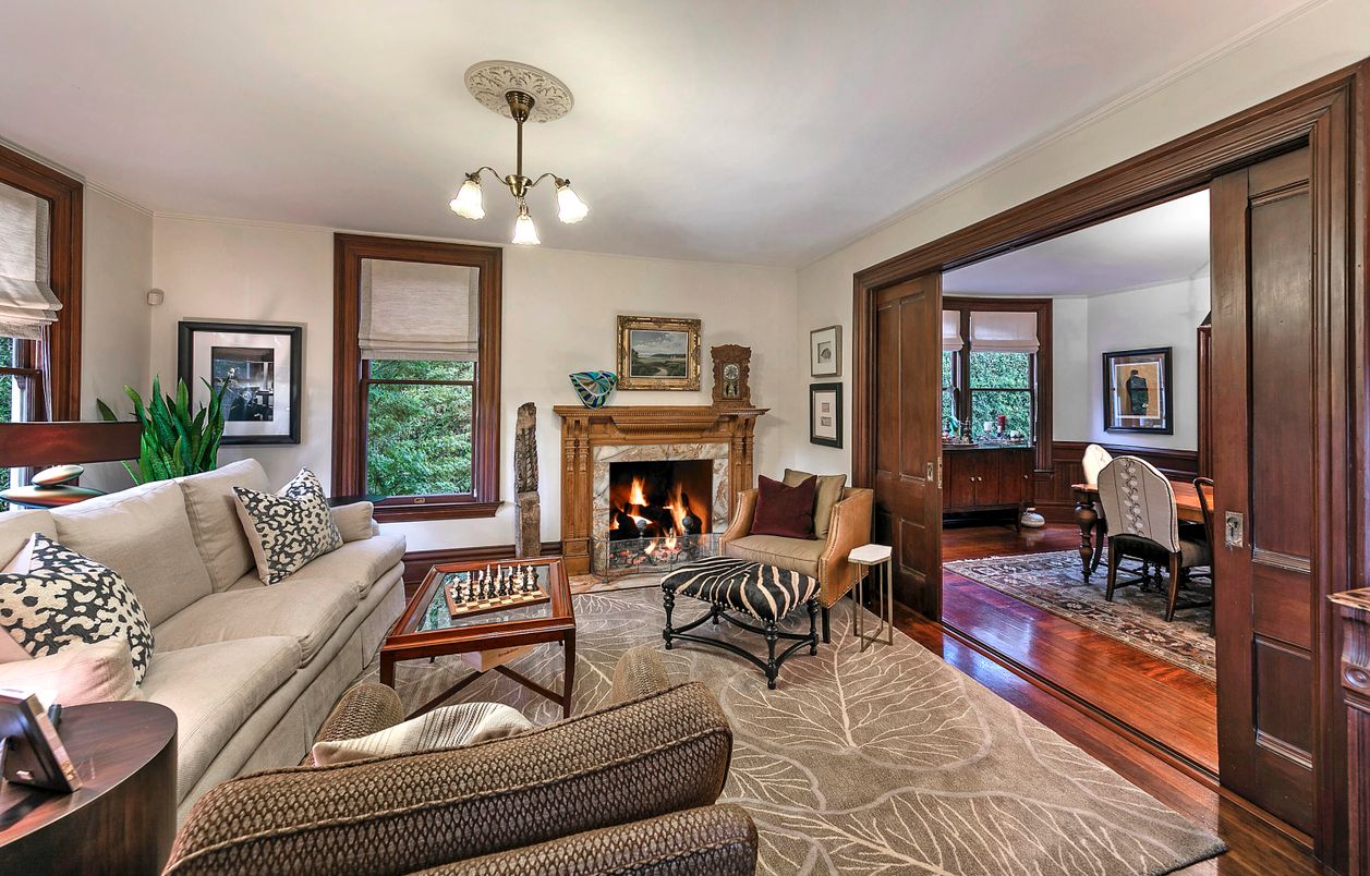 Fireplace, Interior, Living room, Pendant Lights, Wood Texture Flooring