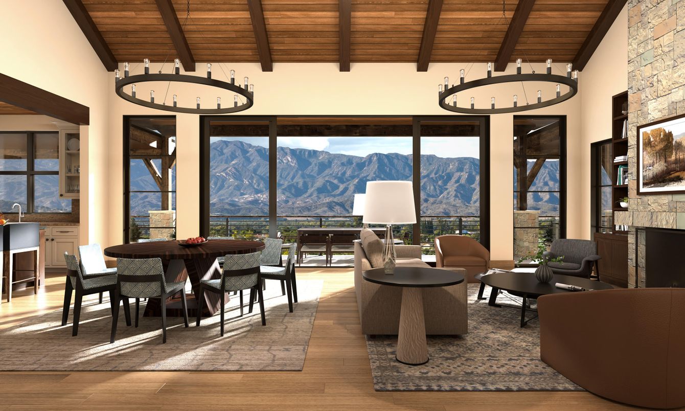 Dining room, Fireplace, Interior, Living room, Pendant Lights, Wooden Beams, Wooden Ceilings, Wood Texture Flooring