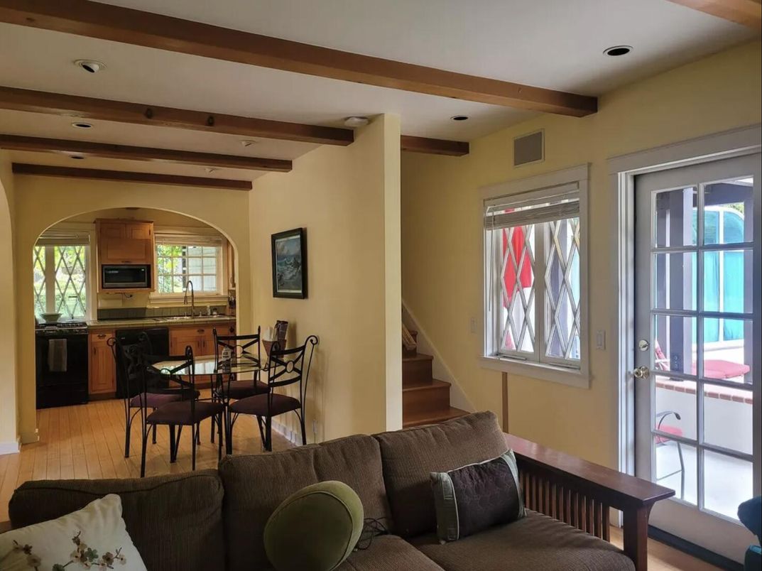 Dining room, Interior, Kitchen, Living room, Recessed Lighting, Wooden Beams, Wood Texture Flooring