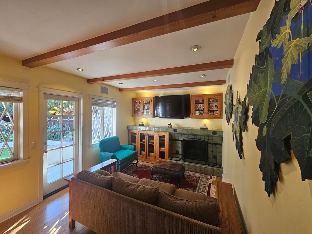 Fireplace, Interior, Living room, Recessed Lighting, Wooden Beams, Wood Texture Flooring