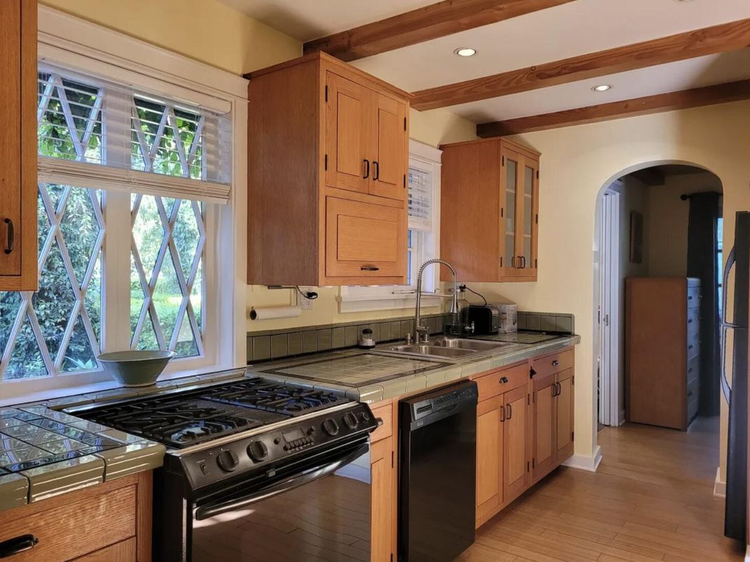 Interior, Kitchen, Recessed Lighting, Stainless Steel Appliances, Tile Countertops, Wooden Beams, Wood Texture Flooring