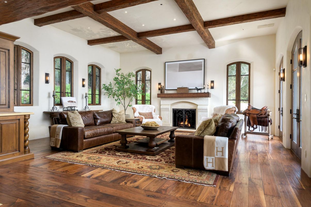 Fireplace, Interior, Living room, Recessed Lighting, Wooden Beams, Wood Texture Flooring