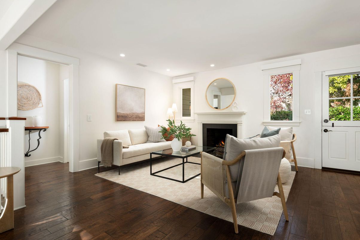 Fireplace, Interior, Living room, Recessed Lighting, Wood Texture Flooring