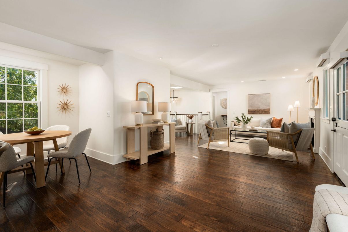 Dining room, Interior, Living room, Recessed Lighting, Wood Texture Flooring