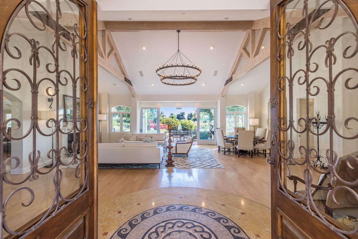 Chandelier, Dining room, Interior, Living room, Pendant Lights, Recessed Lighting, Wooden Beams, Wood Texture Flooring