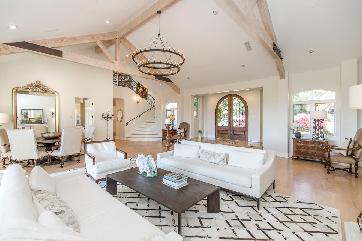 Chandelier, Dining room, Interior, Living room, Recessed Lighting, Wooden Beams, Wood Texture Flooring