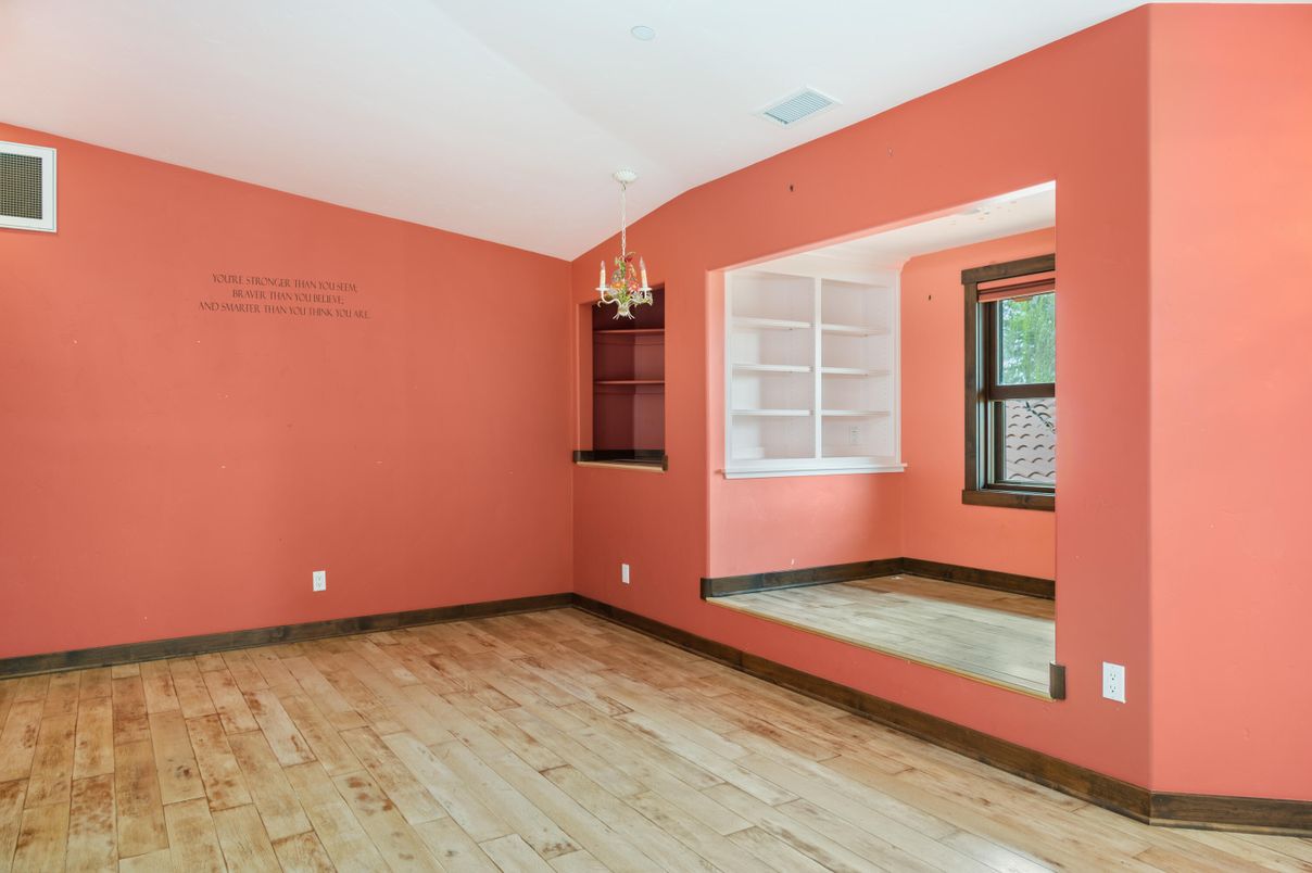 Chandelier, Empty room, Interior, Recessed Lighting, Wood Texture Flooring