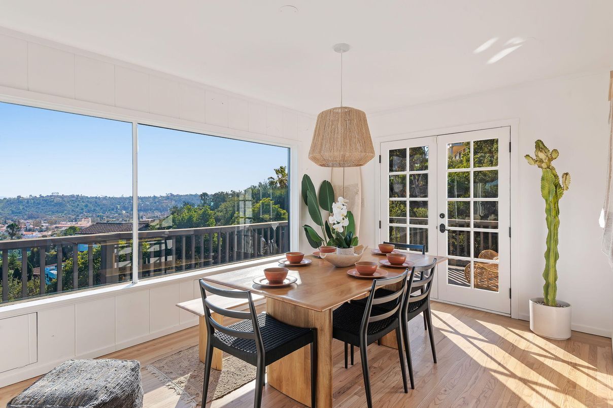 Dining room, Interior, Pendant Lights, Wood Texture Flooring