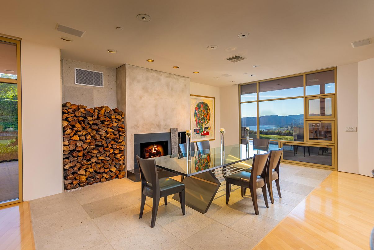 Dining room, Fireplace, Interior, Recessed Lighting