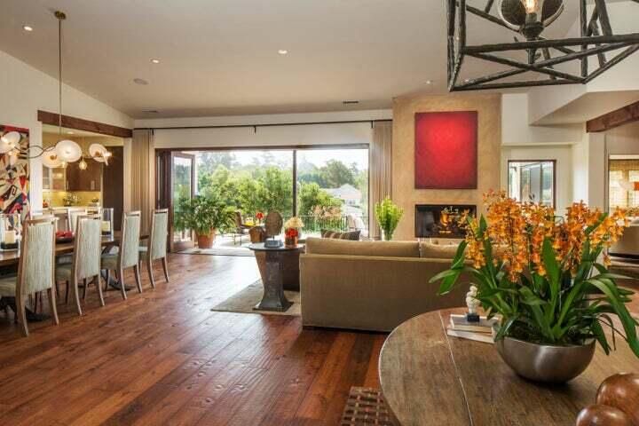 Chandelier, Dining room, Fireplace, Interior, Living room, Pendant Lights, Recessed Lighting, Wood Texture Flooring