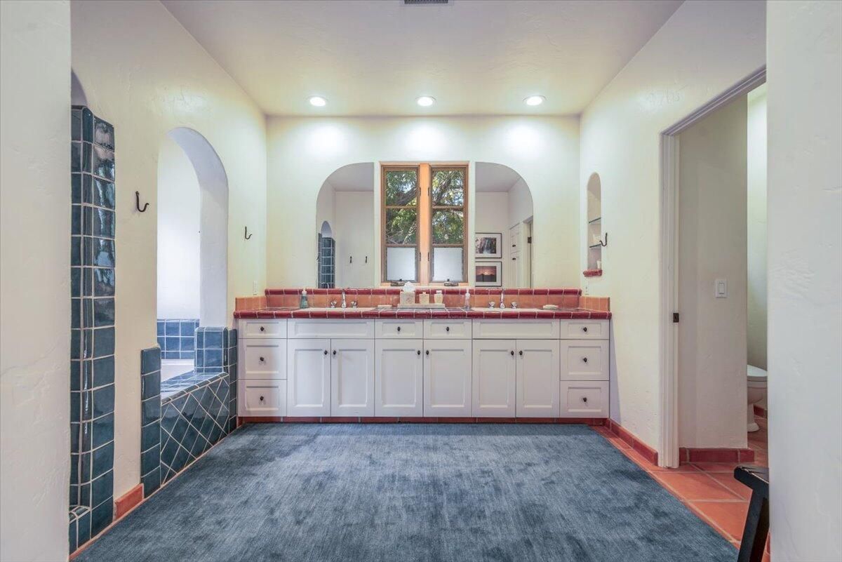 Bathroom, Dual Sink Vanities, Interior, Recessed Lighting, Tile Countertops