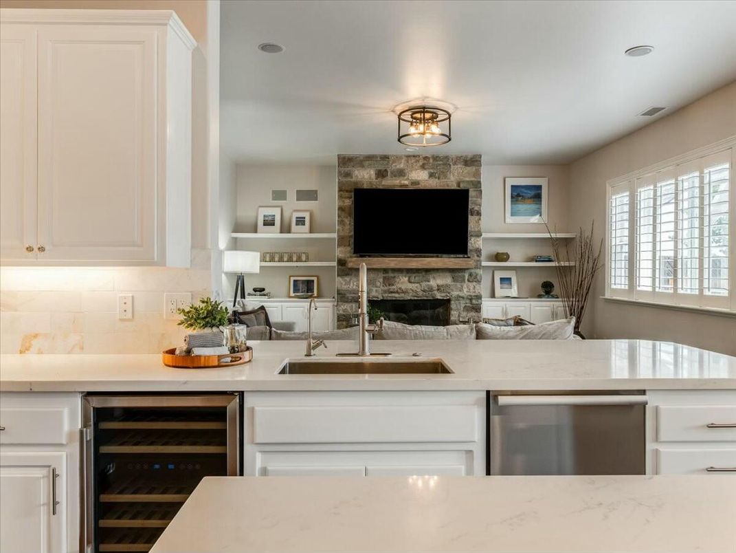 Fireplace, Interior, Kitchen, Recessed Lighting, Stainless Steel Appliances