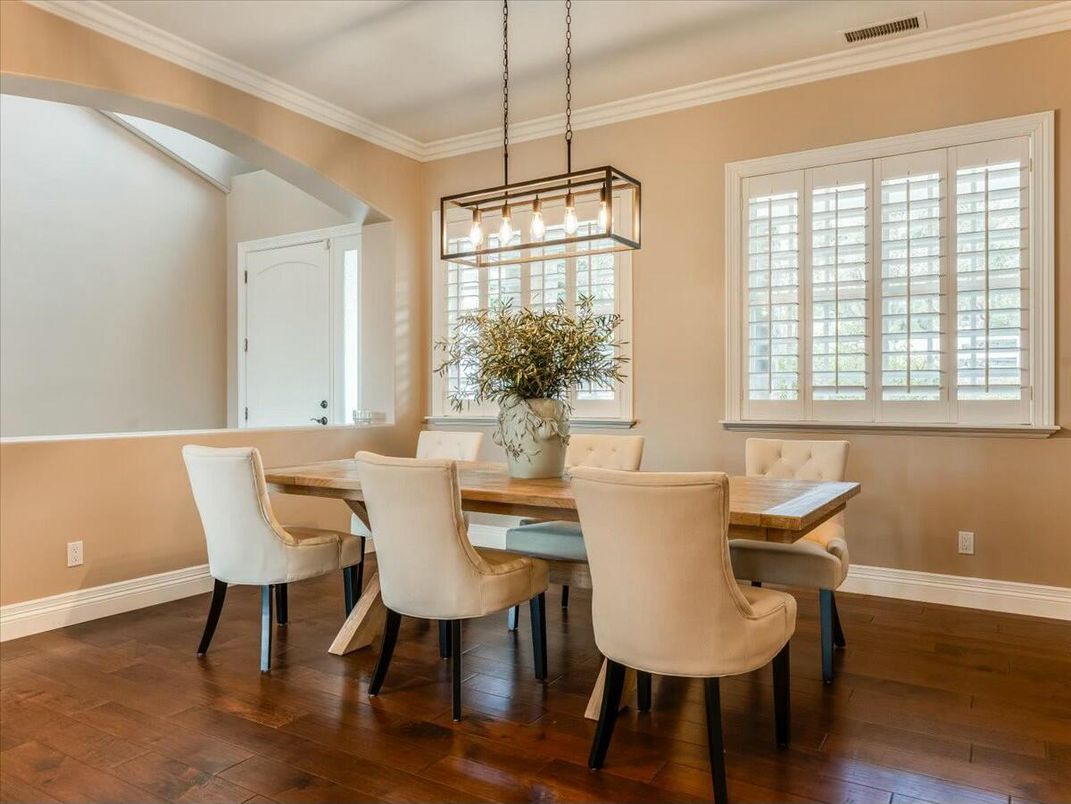 Dining room, Interior, Pendant Lights, Wood Texture Flooring