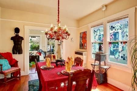 Chandelier, Dining room, Fireplace, Interior, Wood Texture Flooring