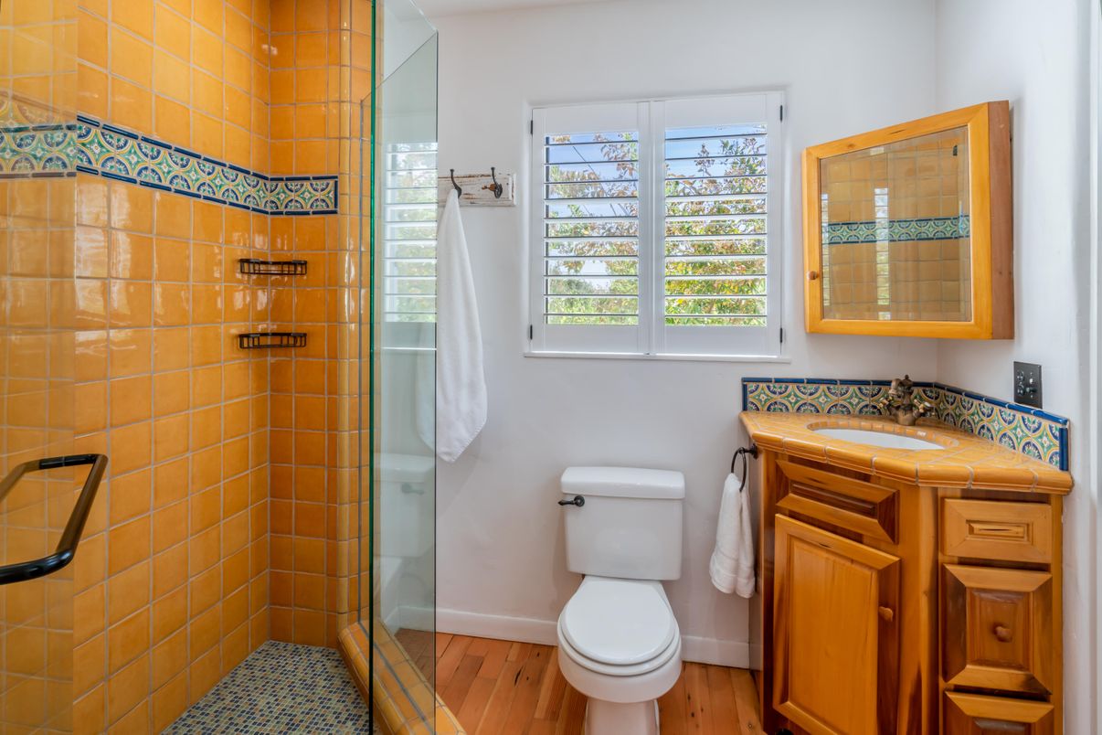 Bathroom, Glass Shower, Interior, Tile Countertops, Wood Texture Flooring