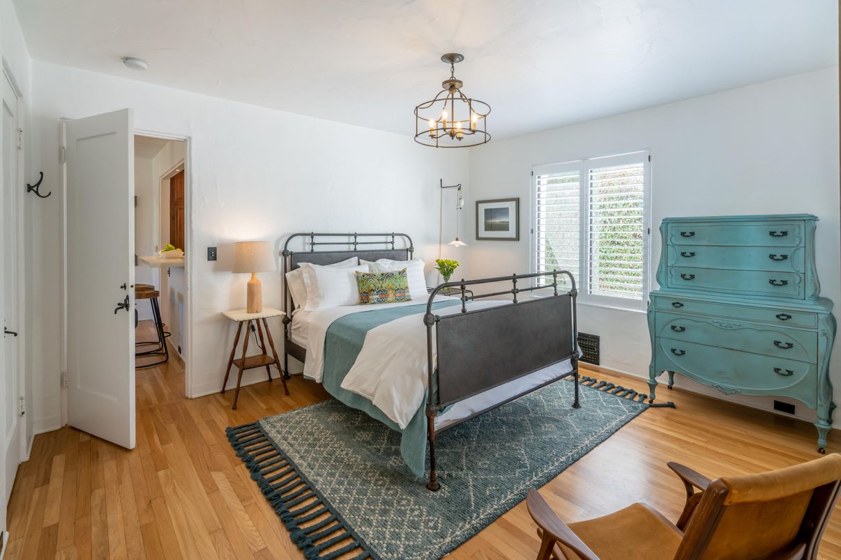 Bedroom, Chandelier, Interior, Wood Texture Flooring