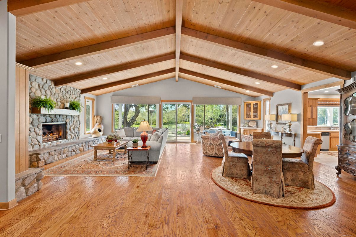 Dining room, Fireplace, Interior, Living room, Recessed Lighting, Wooden Beams, Wooden Ceilings, Wood Texture Flooring