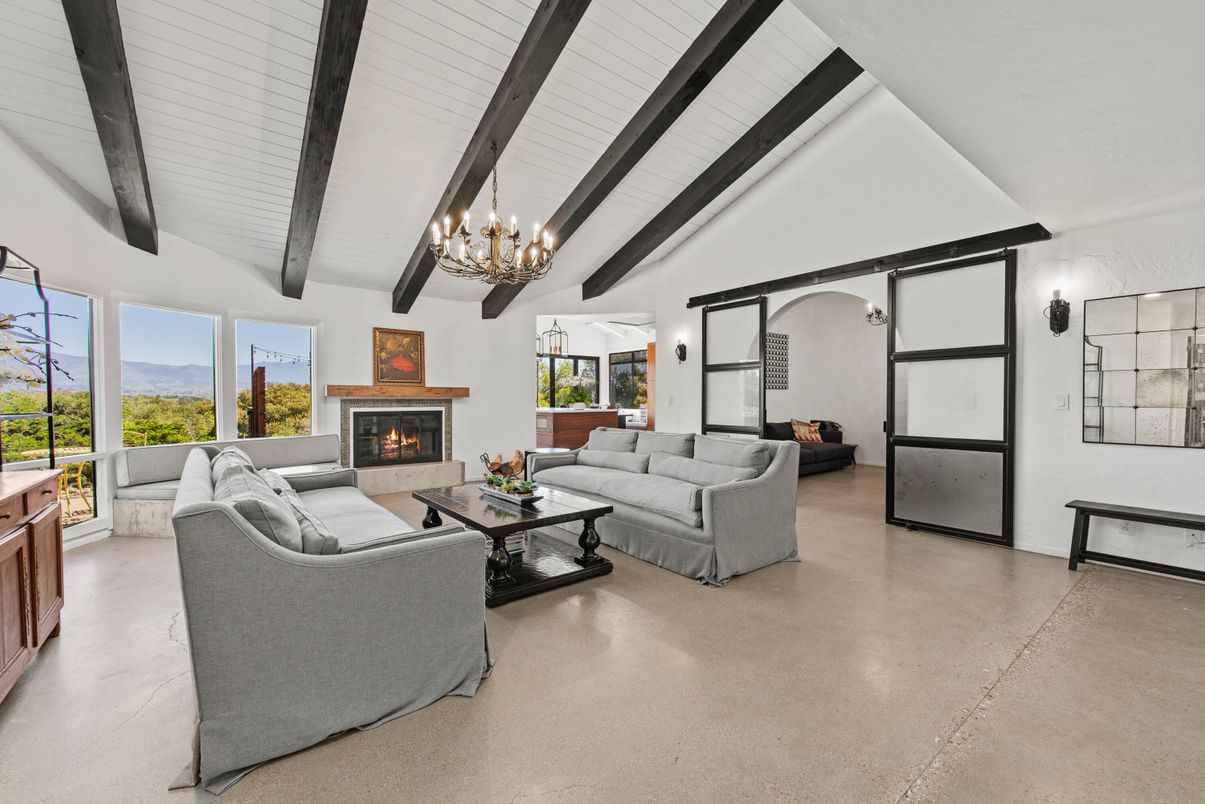 Chandelier, Fireplace, Interior, Living room, Wooden Beams