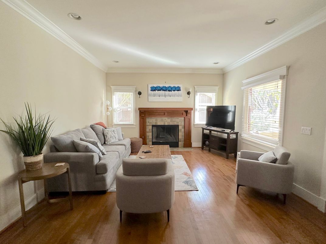 Fireplace, Interior, Living room, Recessed Lighting, Wood Texture Flooring