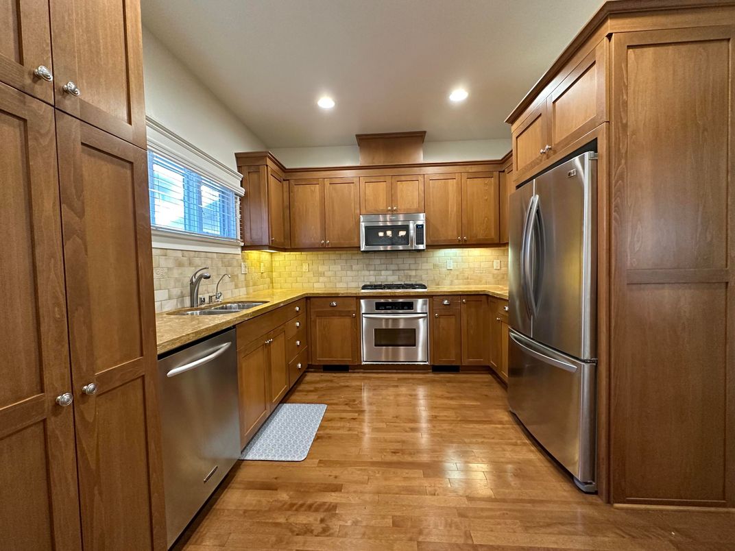 Interior, Kitchen, Recessed Lighting, Stainless Steel Appliances, Wood Texture Flooring