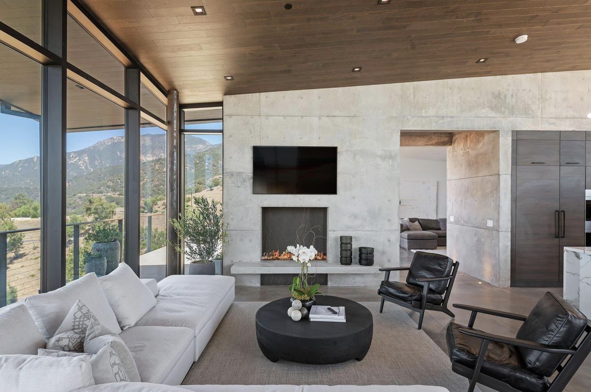 Fireplace, Interior, Living room, Recessed Lighting, Stone Walls, Wooden Ceilings