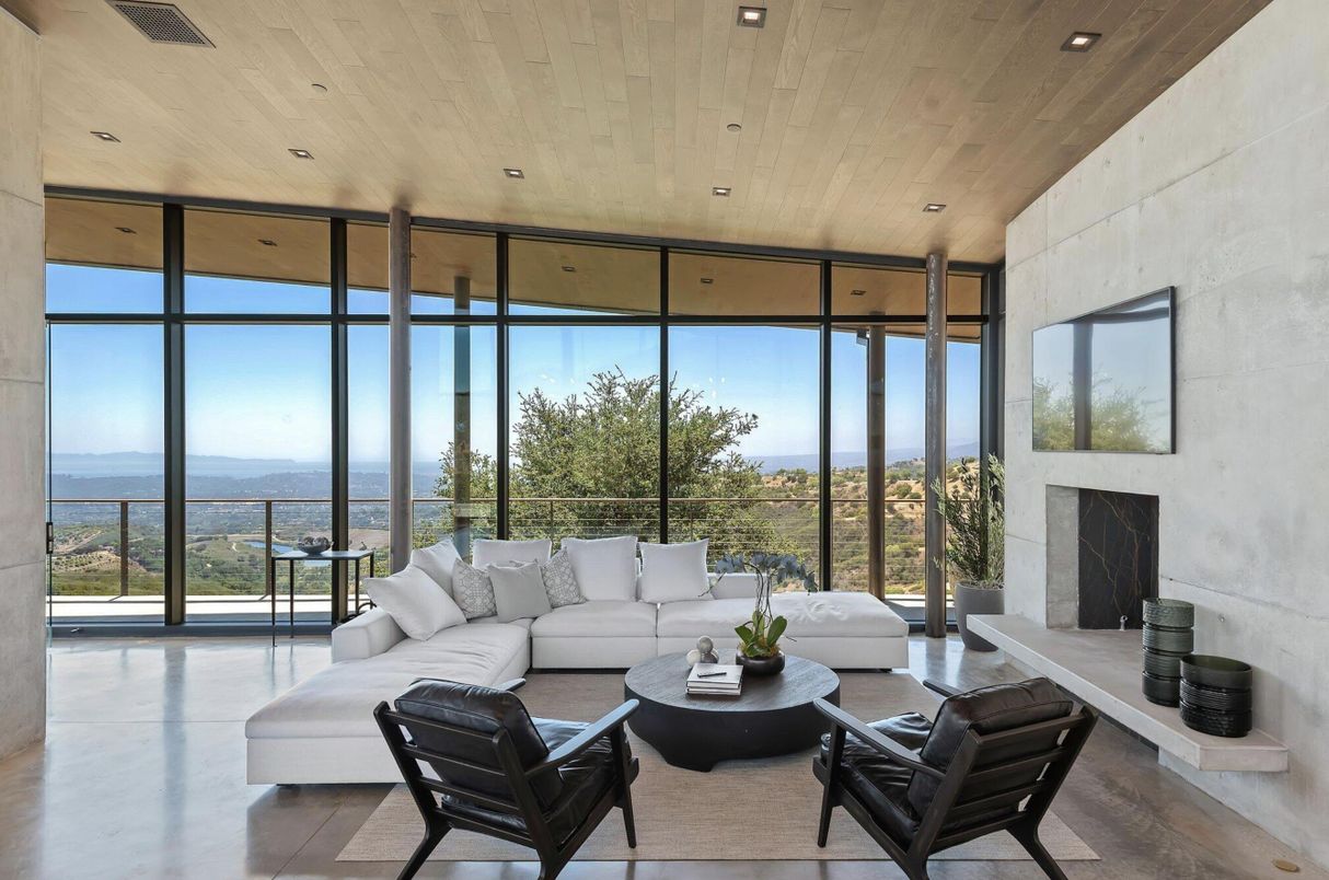 Fireplace, Interior, Living room, Recessed Lighting, Water, Wooden Ceilings
